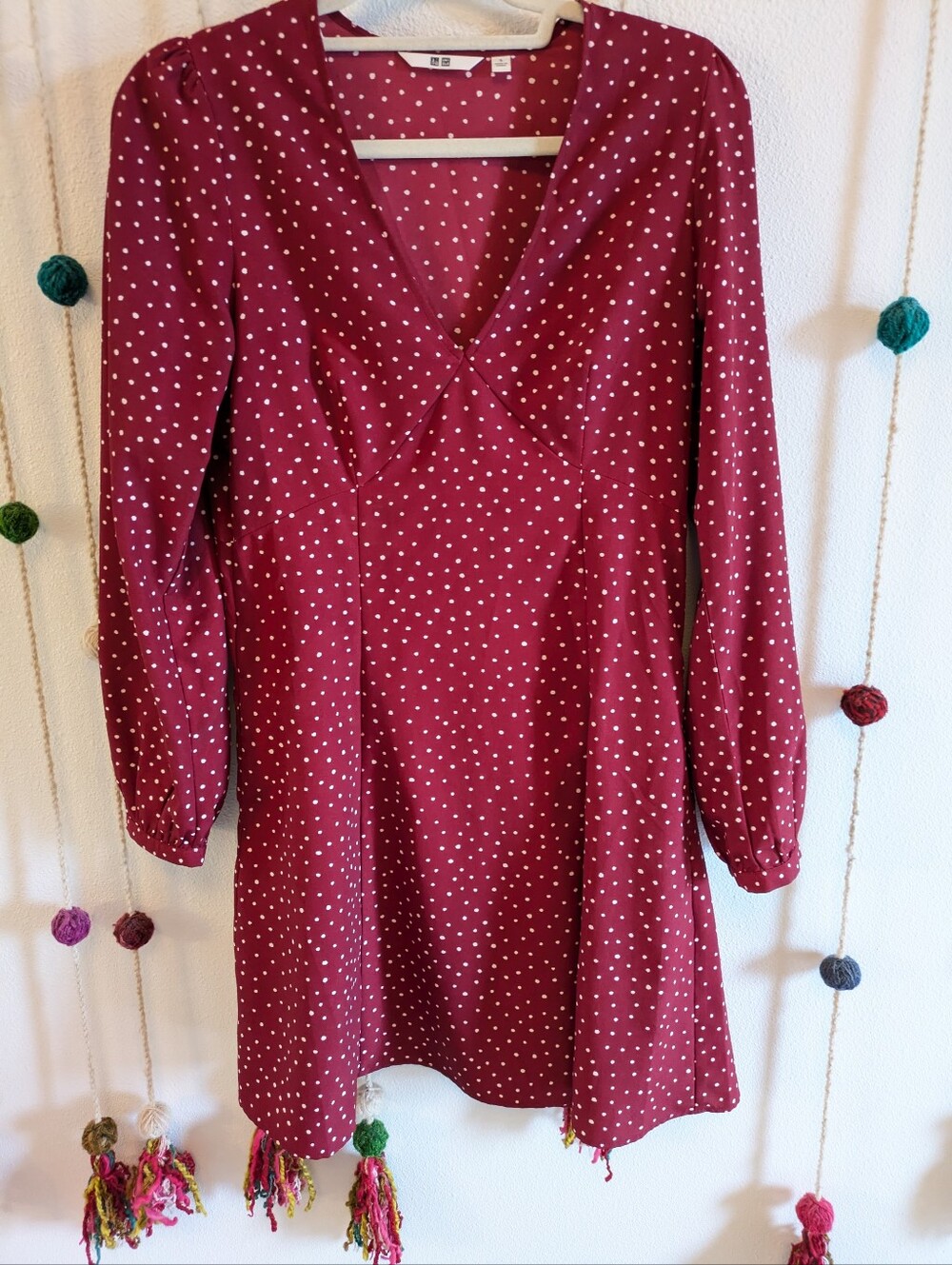 Uniqlo Burgundy Polka Dot Long Sleeve V-Neck Dress